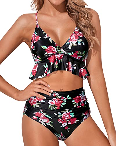 V Neck Two Piece Ruffled High Waisted Swimsuit
