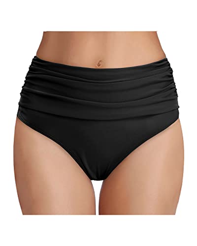 Tummy Control High Waisted Ruched Swim Shorts Bikini Bottom-Black