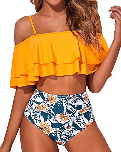 Flattering Off Shoulder Two Piece Bathing Suit-Yellow Floral