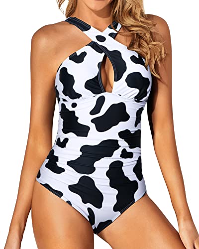 Women Front Cross Keyhole One Piece Tummy Control Bathing Suit-Cow Print