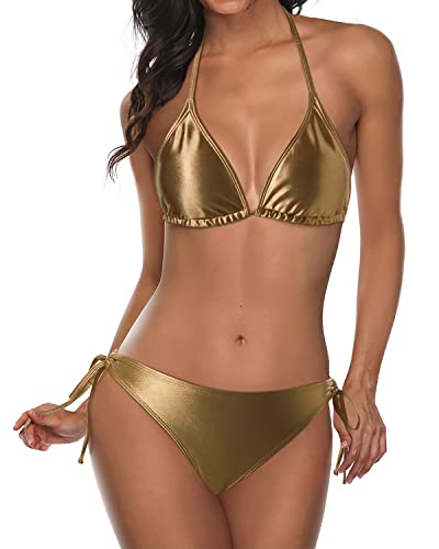 Women's Halter Padded Triangle Bikini Two-Piece Bathing Suit with Tie Side Bottom