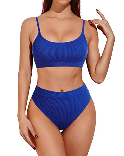 Women's Sporty Scoop Neck Two Piece Swimsuits High Cut Bathing Suit