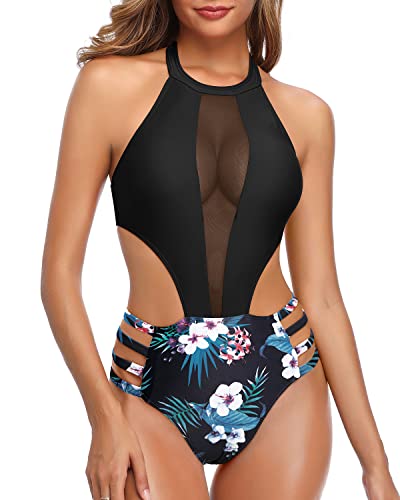 Women One Piece Mesh Swimsuit High Neck Halter Cutout Monokini Swimwear
