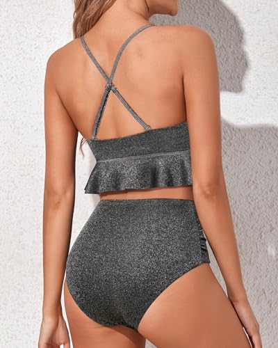 Swimsuits for Women Two Piece Bathing Suits Ruffled Flounce Top High  Waisted Bikini Set