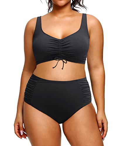 Plus Size High Waisted Bikini Sets Vintage Drawstring Two Piece Swimsuit for Women