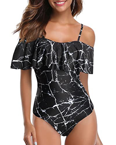 Retro Off Shoulder One Piece Swimsuit for Women Ruffle Tummy Control Bathing Suit