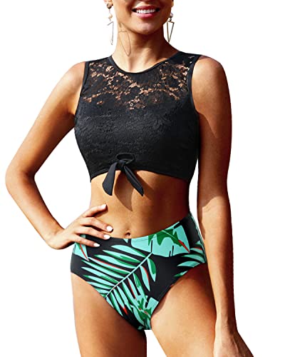 Trendy Two Piece Swimwear Women's Lace-Up High Waisted Bikini with Front Tie Knot