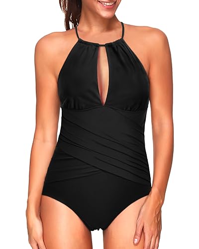 High Neck Mesh Cutout Ruched One Piece Swimsuit