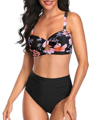 Women Two Piece Vintage Swimsuits High Waisted Bikini Set Tummy Control Ruched Tie Knot Bathing Suits