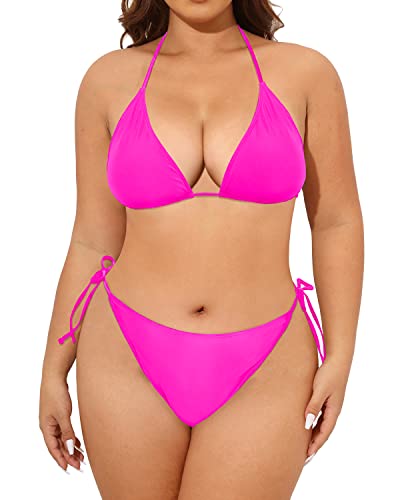 2 Piece Adjustable Halter Swimsuit Mid Waist Bottom for Women-Neon Pink