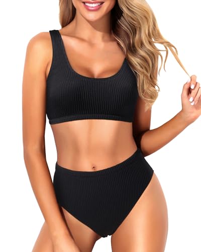 Women Two Piece Scoop Neck Bikini Crop Top High Cut Swimsuit Sporty High Waisted Bathing Suit with Bottoms