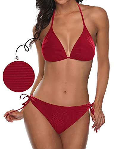 Women's Ribbed Halter Swimsuit Push-up Bikini Top and String Bottom