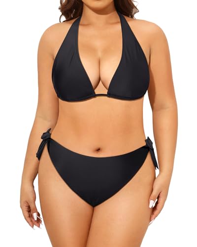 Women Plus Size Triangle Bikini Mid Waist Two Piece Halter Tie Side Swimsuit Black 22 Plus Swimwear