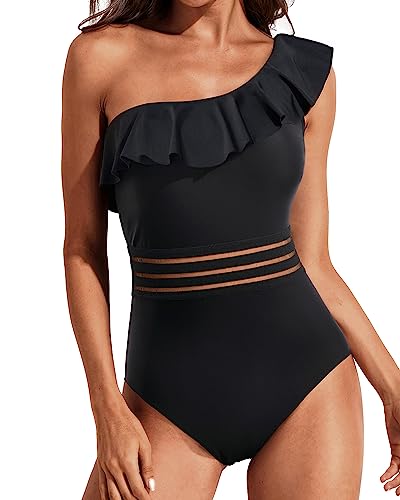 Flounce One Shoulder Tummy Control One Piece Swimsuit