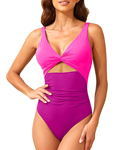 Women's Tummy Control Cutout One Piece Swimsuits Ruched V Neck Bathing Suits