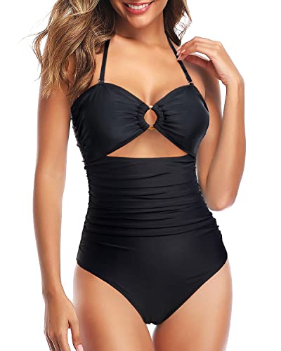 Women Cutout One Piece Swimsuits Tummy Control High Waisted Halter Bathing Suit