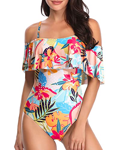 Women's One Piece Swimsuit Vintage Off Shoulder Ruffled Bathing Suits