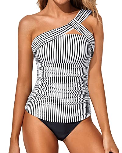 Women's One Shoulder Tankini Swimsuit Pull On Closure Two Piece Bathing Suits