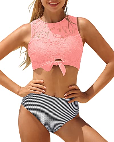 Lace-Up High Waisted Bikini Women's Two Piece Swimsuit with Tie Knot Front