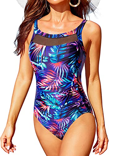 Mesh One Piece Swimsuits Tummy Control Open Back Bathing Suit for Women