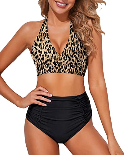 Women's High Waisted Two Piece Swimsuits Tummy Control Push Up Halter Bikini Set