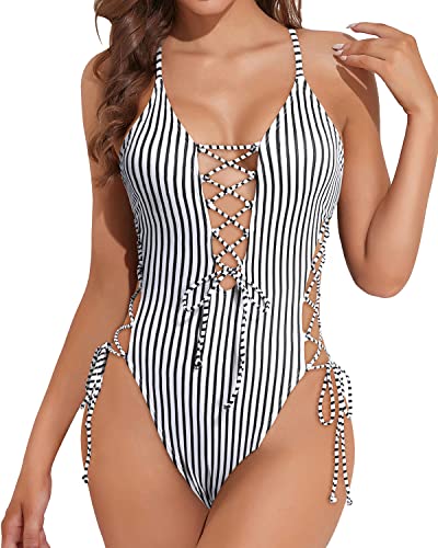 Stylish Lace Up One Piece Swimsuit for Women Deep Plunge V Neck Bathing Suits