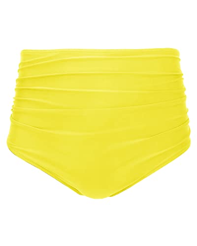 Retro Ruched High Waisted Bikini Bottom Full Coverage Swim Bottom-Neon Yellow