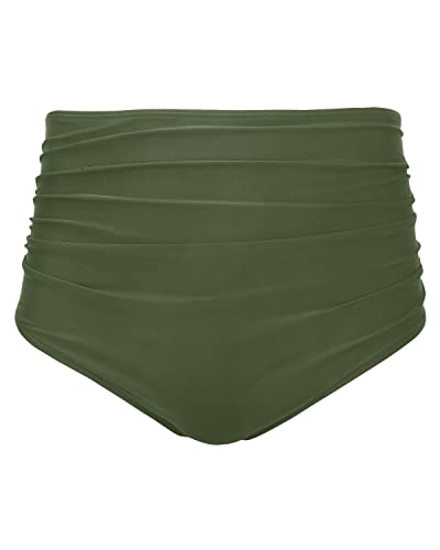Slimming High Waisted Bikini Bottom Shirred Tankinis Brief-Army Green