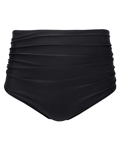 Sexy Women High Waisted Bikini Bottom Retro Ruched Swim Short-Black