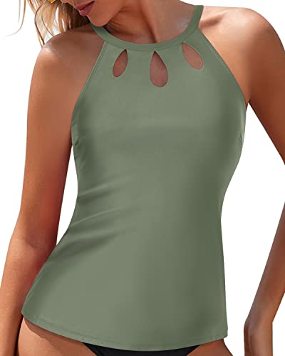 Push Up High Neck Tankini Top Halter Bathing Suit Tops-Olive Green