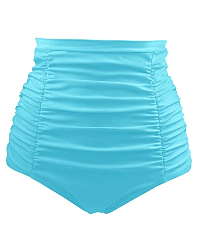 Flattering Women's High Waisted Swimsuit Bottom Tummy Control Ruched Swim Shorts-Blue