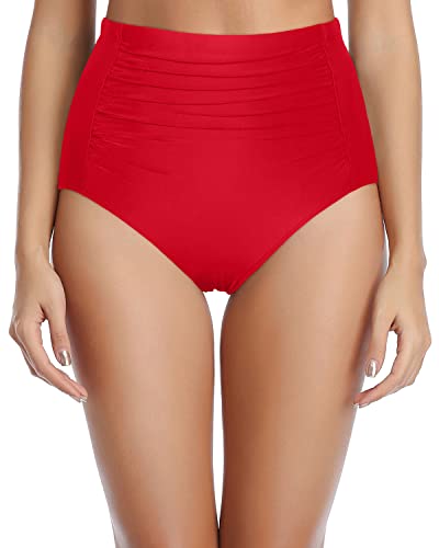 Retro Full Coverage Tankini Shorts High Waisted Bikini Bottoms-Red