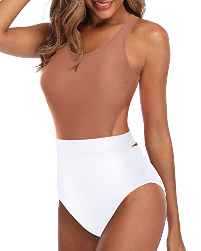 High Waist Bottoms Slimming Women One Piece Swimsuits-Brown And White