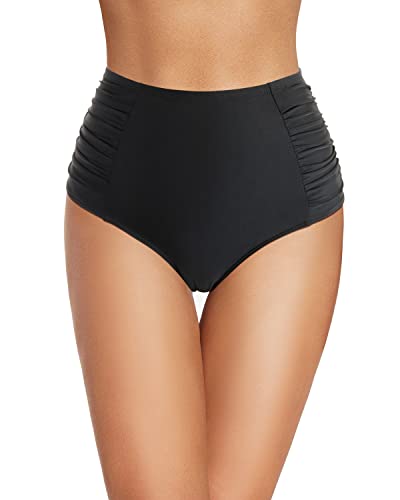 High Waisted Bikini Bottoms Tummy Control Swimsuit Bottoms-Black