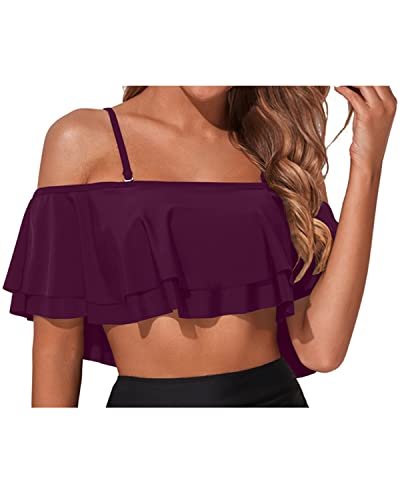 Adjustable Bra Flounce Bikini Top Tiered Ruffles-Maroon
