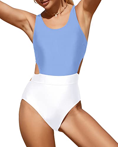 Adjustable Straps Tie Women One Piece Swimsuits-Blue And White
