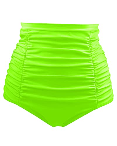 Ladies High Waisted Bikini Bottom Tummy Control Ruched Swim Shorts-Neon Green