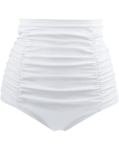 Vintage High Waisted Swim Bottom Tummy Control Ruched Swim Shorts-White