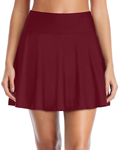 Pleated Swim Skirt Panty Long Skirted Swimsuit Bottom-Maroon