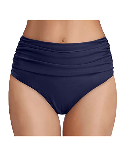 Women's Tummy Control High Waisted Ruched Swim Shorts Bikini Bottom-Navy Blue
