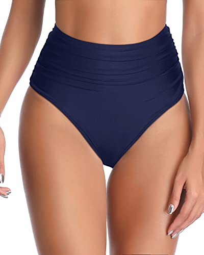 High Waisted Bikini Bottom Full Coverage Retro Tummy Control Swimusuit Bottom For Women-Navy Blue