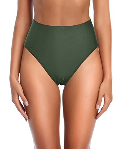 Women's Retro High Waist Swim Bottoms-Olive Green