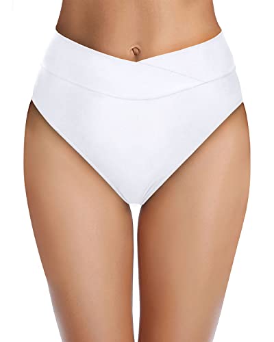 Women's Cheeky High Waisted V Cut Bikini Bottoms-White