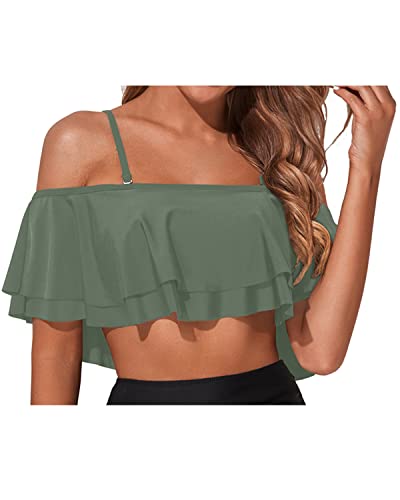 Pull-Up Tiered Ruffled Bikini Top Padded Bras-Army Green