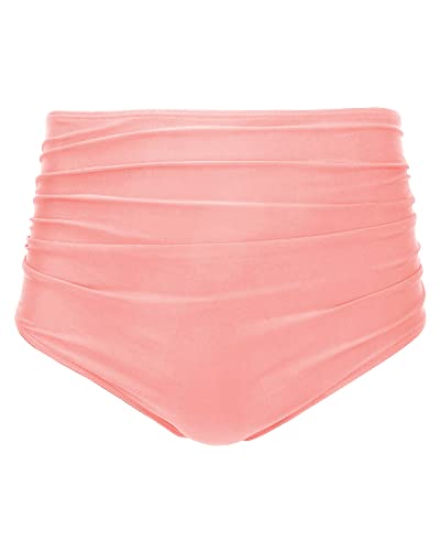 Ruched Tankinis Brief High Waisted Bikini Bottom Full Coverage Swim Bottom-Coral Pink
