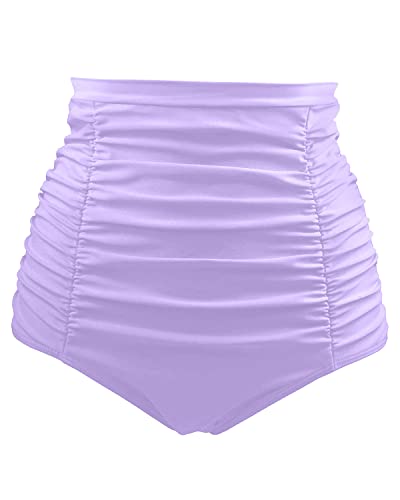 Sexy High Waisted Bikini Bottom Tummy Control Ruched Swim Shorts-Light Purple