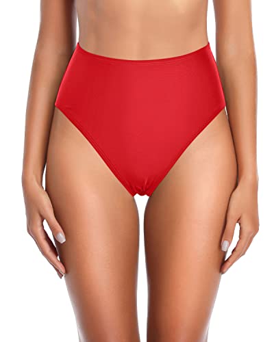 High Waisted Bikini Bottoms Tummy Control Swim Bottoms-Red
