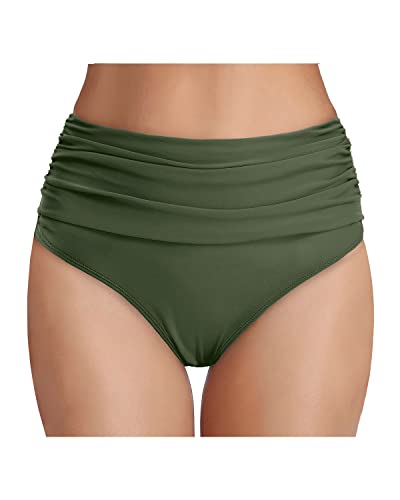 High Waisted Ruched Swim Shorts Tummy Control Bikini Bottom-Army Green