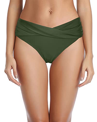 Twist Bikini Bottom Cheeky High Cut Bathing Suit Bottoms Ruched Swim Bottoms-Army Green