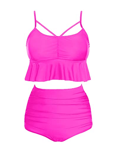 Curve-Hugging Full-Cover High Waist Bikini Sets-Neon Pink